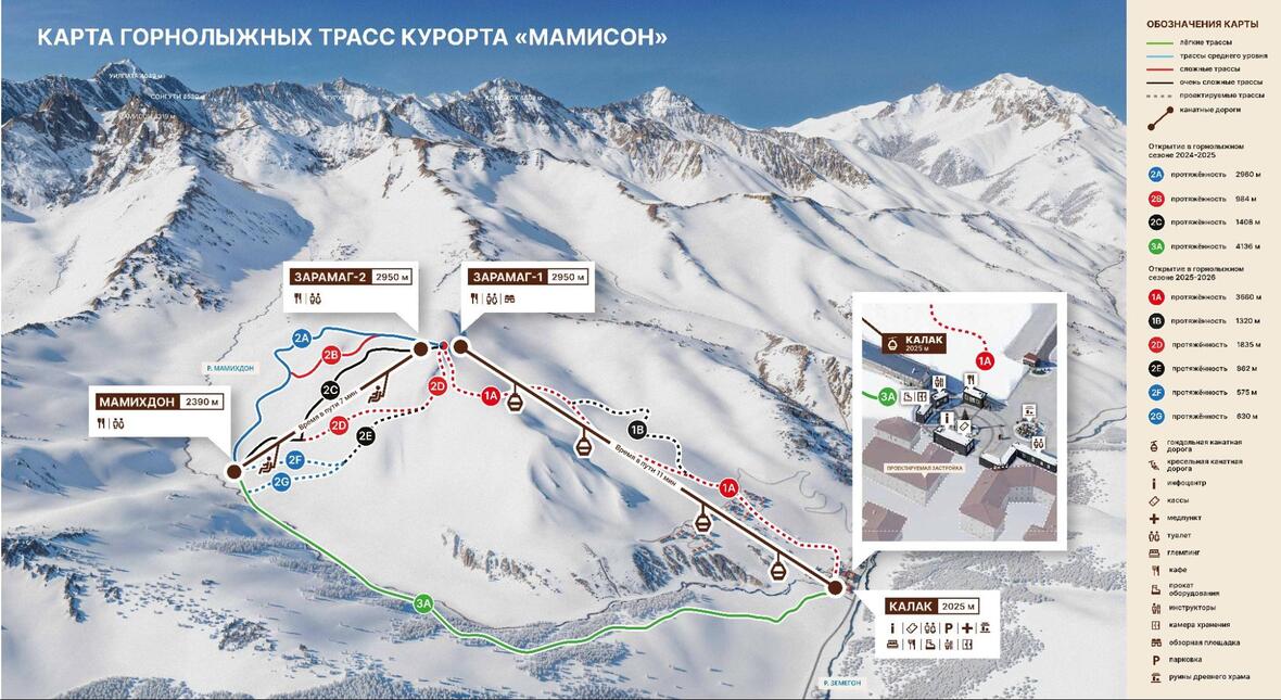 Карта готовых и запланированных трасс на курорте «Мамисон» в 2024–2025 году. Карта готовых и запланированных трасс на курорте «Мамисон» в 2024–2025 году.