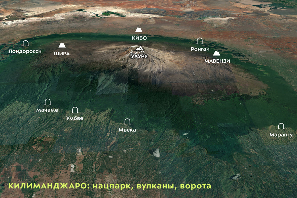 Килиманджаро, вулканы, входящие в массив и точки стартов маршрутов на вершину — ворота или гейты