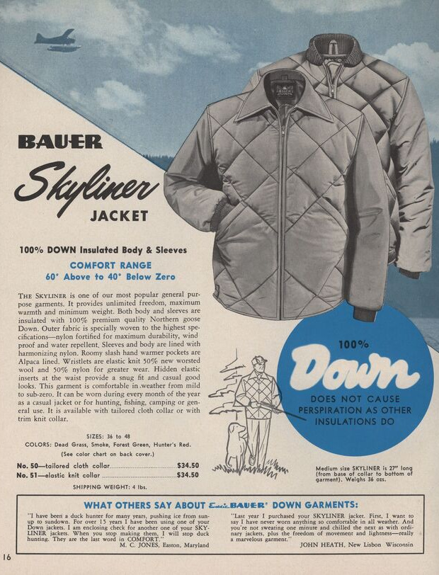 Куртки Blizzard-Proof и Skyliner в каталогах Eddie Bauer начала 1950-х годов