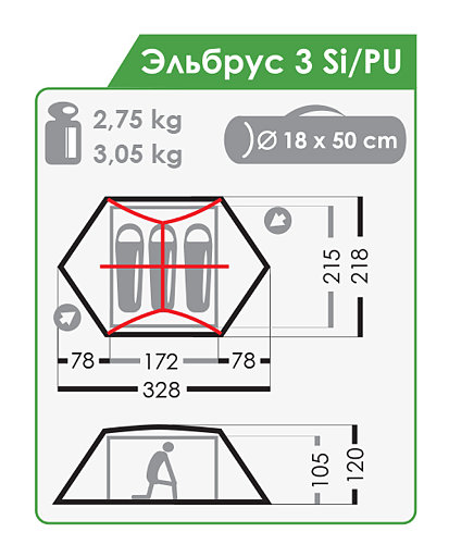 Палатка Normal Эльбрус 3 Si PU Желтый - Фото 2 большая