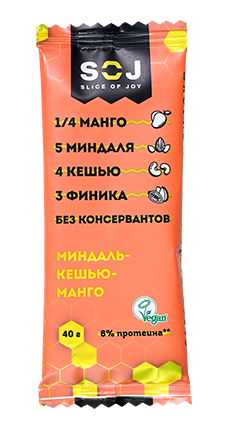 Фруктово-ореховый батончик Soj Миндаль-Кешью-Манго 40г - Фото 1 большая