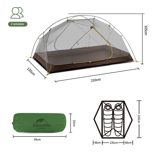 Палатка Naturehike Mongar Ultralight 2 (Integrated version) 210T Navy Blue - Фото 5 большая