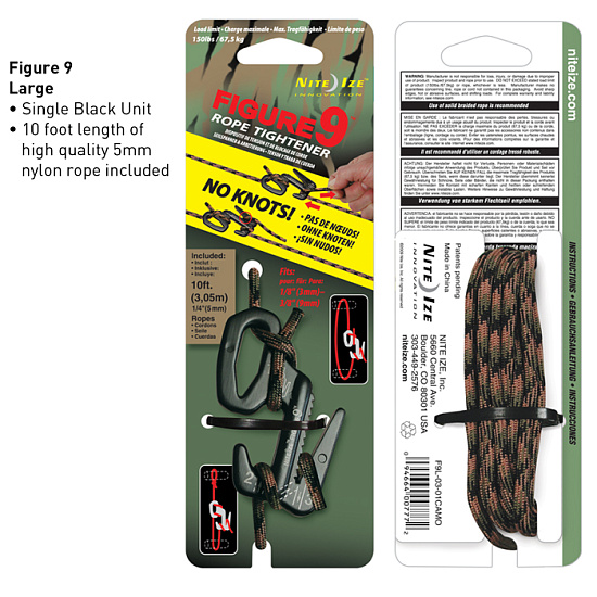 Крепление для верёвки Nite Ize "9" сред., 67,5 кг чёрный + шнур камуфляж - Фото 2 большая