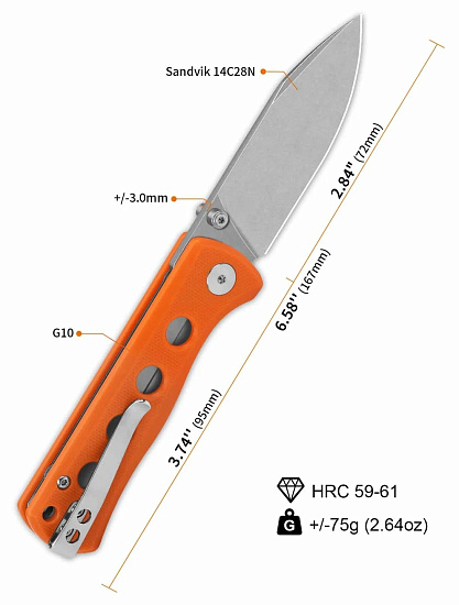Нож QSP Knife Canary folder G10/14C28N Stonewash/Orange - Фото 3 большая