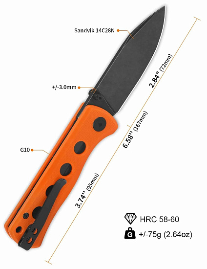 Нож QSP Knife Canary folder G10/14C28N Blackwash/Orange - Фото 3 большая