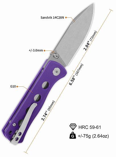 Нож QSP Knife Canary folder G10/14C28N Stonewash/Purple - Фото 3 большая
