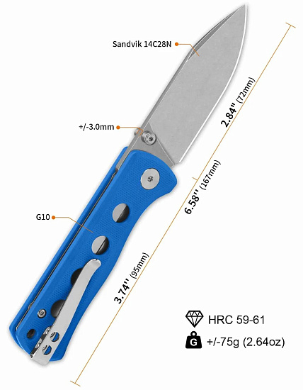 Нож QSP Knife Canary folder G10/14C28N Stonewash/Blue - Фото 3 большая