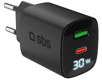 Зарядное устройство SBS GaN 30W 1xType-C 30W+USB AFC 18W LCD Чёрный
