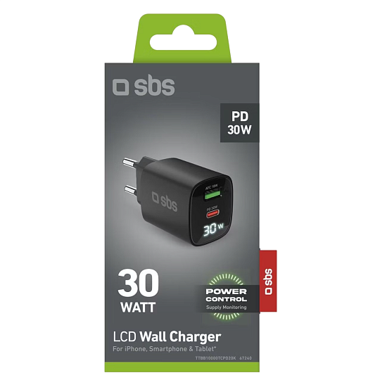 Зарядное устройство SBS GaN 30W 1xType-C 30W+USB AFC 18W LCD Чёрный - Фото 2 большая