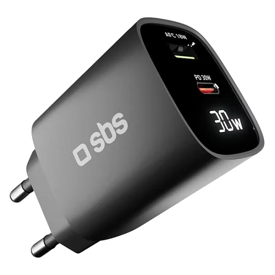Зарядное устройство SBS GaN 30W 1xType-C 30W+USB AFC 18W LCD Чёрный - Фото 3 большая