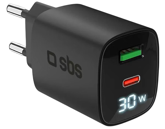 Зарядное устройство SBS GaN 30W 1xType-C 30W+USB AFC 18W LCD Чёрный - Фото 1 большая