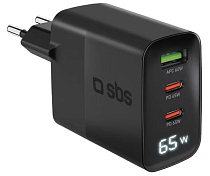 Зарядное устройство SBS GaN 65W 2xType-C+1xUSB AFC 60W+LCD Чёрный