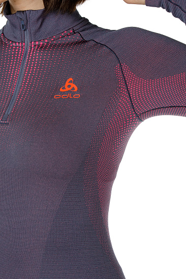 Футболка женская Odlo Top 1/2 Zip Performance Warm Чернил./Роз.Неон - Фото 3 большая