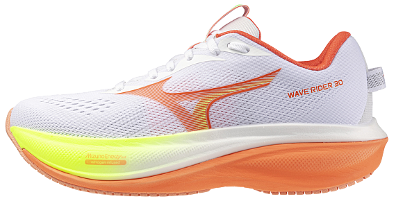 Кроссовки женские Mizuno Wave Rider 30 White/Flamingo Coral/Lime Pulp - Фото 2 большая