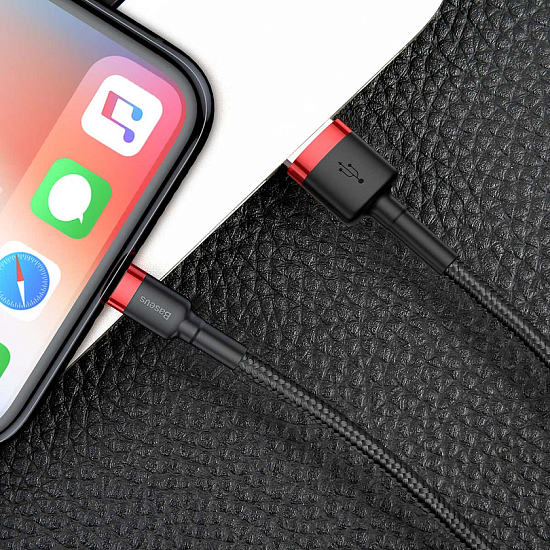 Кабель Baseus Cafule CALKLF-B19 USB for lightning 2.4A 1m Red+Black - Фото 11 большая