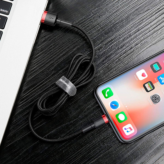 Кабель Baseus Cafule CALKLF-B19 USB for lightning 2.4A 1m Red+Black - Фото 12 большая