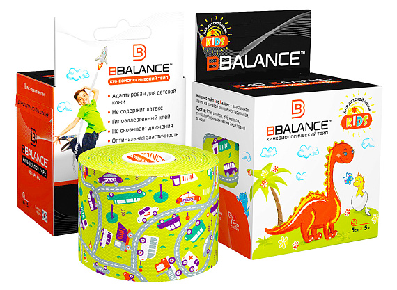 Кинезиотейп BBTape Kids 5см x 5м Машинки Лайм - Фото 1 большая