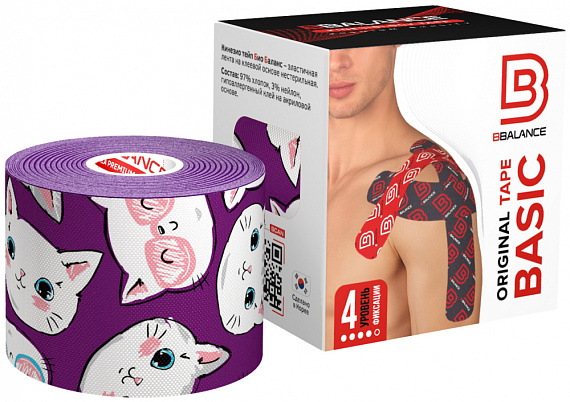 Кинезиотейп BBTape 5см x 5м Котята Фиолетовые - Фото 1 большая