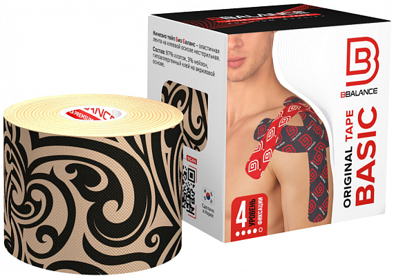 Кинезиотейп BBTape 5 см х 5 м Тату бежево-черное - Фото 1 большая